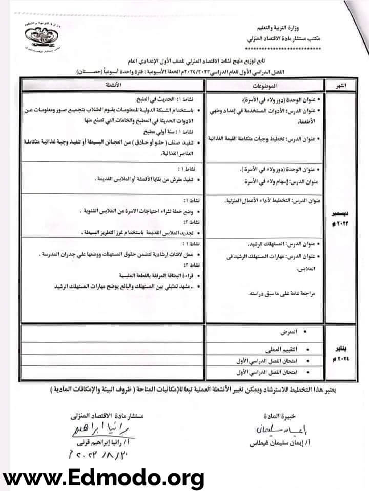 توزيع منهج نشاط الاقتصاد المنزلي للصف الاول الاعداداي  2024